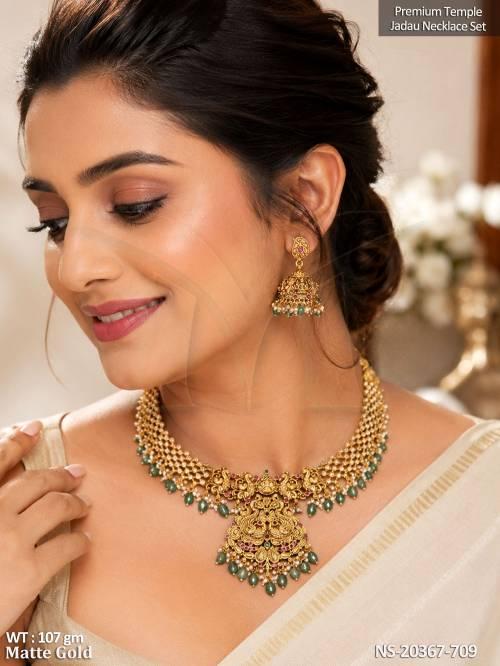 Premium Temple Peacock Jadau Necklace Set with Earrings