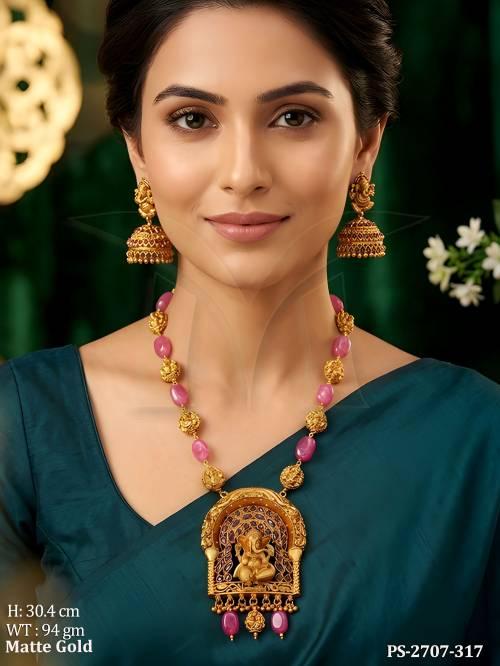 Matte Gold Polish Ganesha Pendant Beautiful Design Long Temple Pendant Set