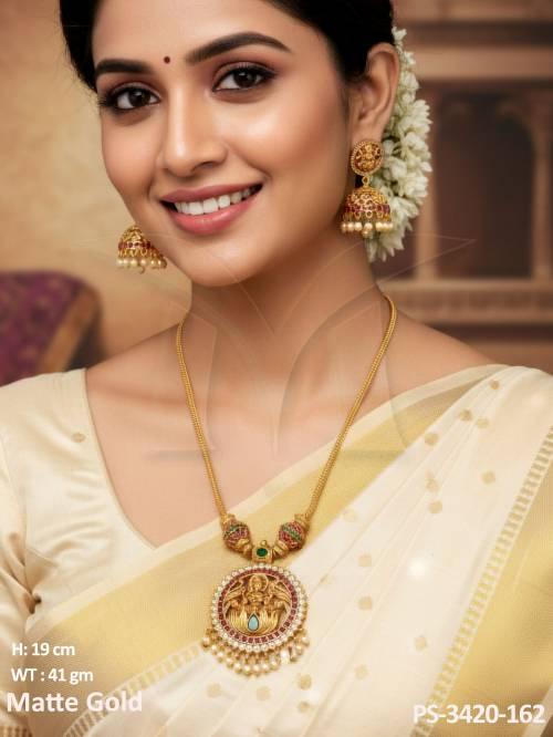clustered-pearl-designer-fancy-style-matte-gold-polish-long-temple-jewellery-temple-pendant-set