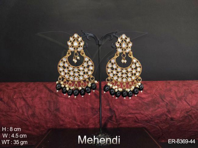 Clustered pearl Mehendi Polish Polish Full Stone Chand Bali Earring/