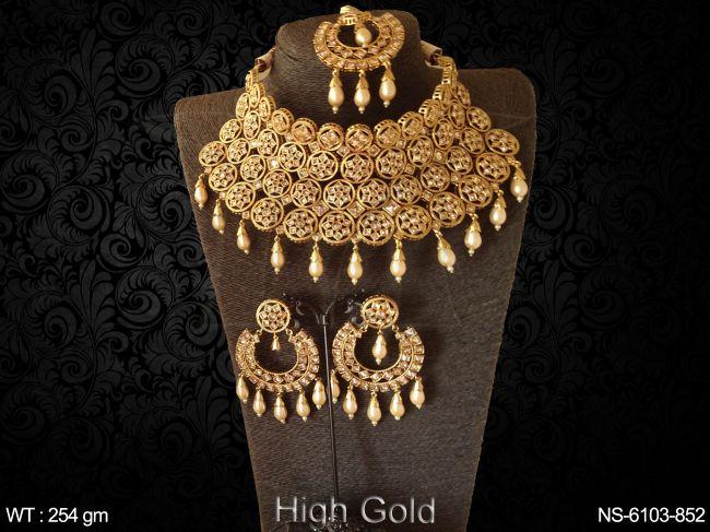 princess stone full lct stone chokar heavy pearl drop high gold necklace
