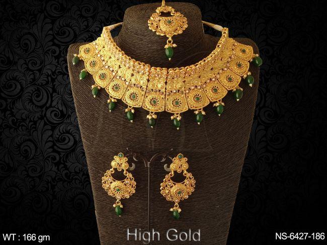 Delicate chokar ruby green beads polki necklace set