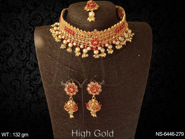 Oval ruby green clustered pearl polki necklace set