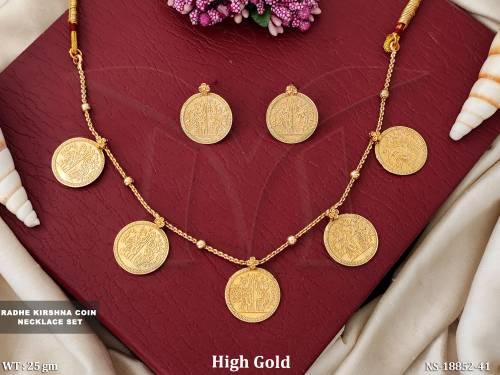 Radhe Krishna Coin Necklace Set in High Gold Finish 