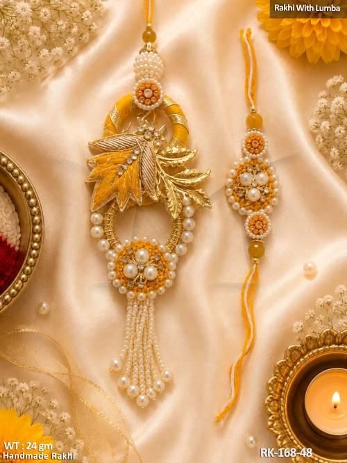 Premium Handmade Yellow Pearl Rakhi with Designer Lumba Set