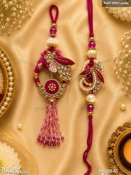 Premium Handmade Pink Pearl Rakhi with Designer Lumba Set