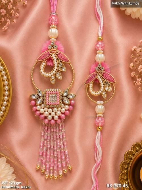  Handmade Floral Pink Rakhi with Matching Lumba Combo