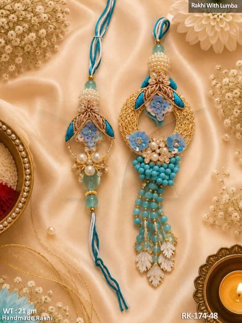 Handmade Blue Flower Rakhi with Beaded Designer Lumba Combo