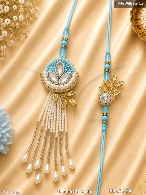 Handmade Blue Pearl Rakhi with Lumba
