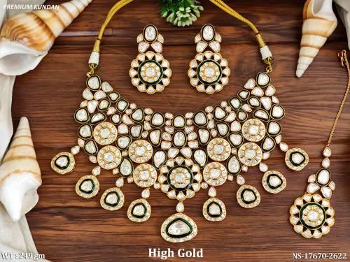Designer Full Stone Kundan Necklace with Emerald full stone earrings and mangtika 