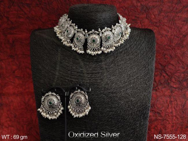 Beautiful Fancy Style Oxidized Silver Polish Clustered Pearl Tassel  Party wear Choker Style Necklace Set