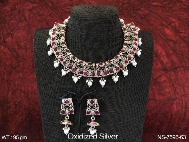 Beautiful Stylish Full Stones Oxidized Silver Fancy Stylish Clustered Pearl Party wear Choker Style Necklace Set