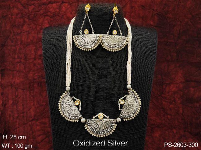Beautiful Fancy Style Oxidized Silver Polish Designer Party wear Long Necklace Set