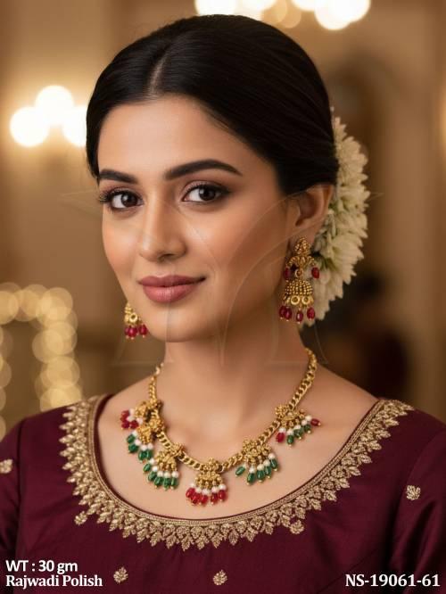 Rajwadi Polish Multi Beads Necklace Set with Jhumkas 
