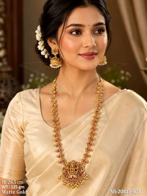 Temple Matte Gold Lakshmi Long Necklace Set