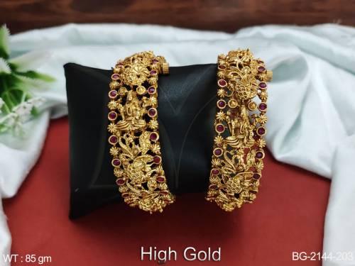 Designer Fancy Laxmi Design High Gold Polish Temple Jewellery Bangle Set