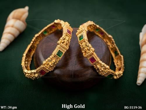 Temple Lakshmi Design Gold Bangles with Stone Work