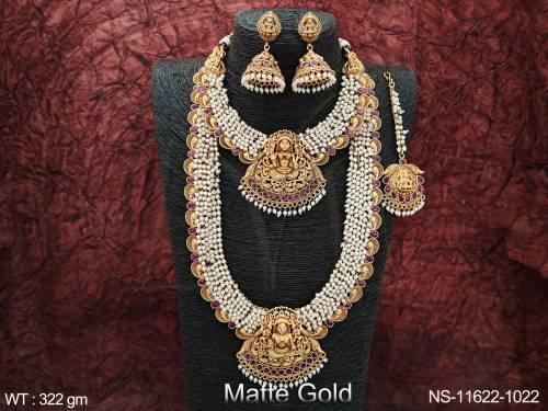 fancy-style-matte-gold-polish-clustered-pearl-beautiful-temple-jewellery-laxmi-pendant-temple-design-long-necklace-set-
