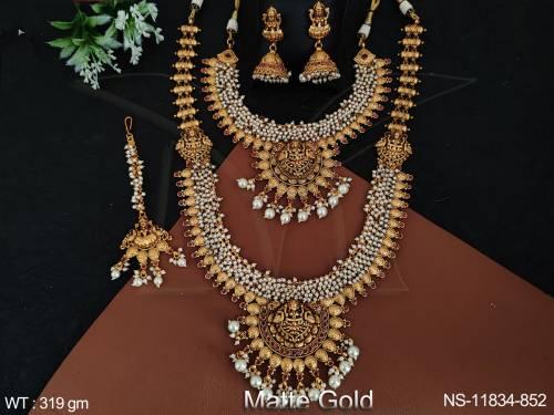 matte-gold-polish-guttapusalu-design-temple-laxmi-pendant-long-combo-temple-jewellery-temple-necklace-set-