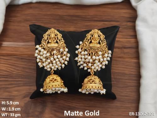 clustered-pearl-designer-matte-gold-polish-temple-jewellery-temple-jhumka-earring