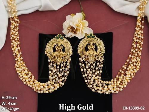 designer-high-gold-polish-god-laxmi-design-clustered-pearl-fancy-style-beautiful-temple-kaan-chain-earring