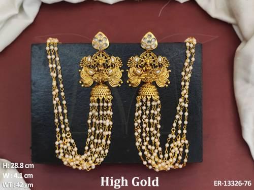 Temple Jewellery Beautiful High Gold Polish Party Wear Kaan Chain Earrings 