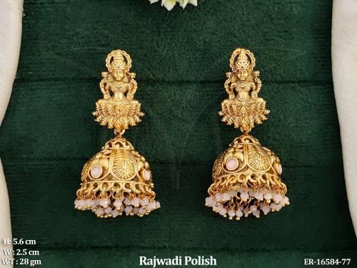 Rajwadi Polish Temple Jhumka Earrings with Goddess Laxmi Design For Traditional Wear Jewelry for Women