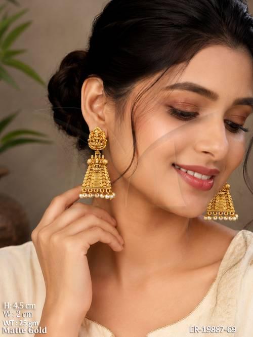 Designer Temple Matte Gold Goddess Jhumka Earrings
