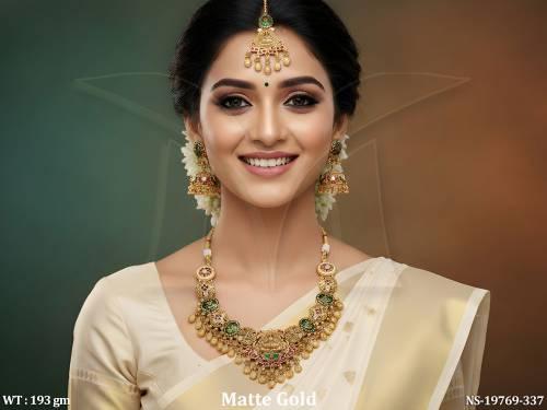 Designer Matte Gold Necklace Set with Jhumka Earrings