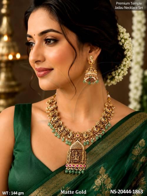 Designer Temple Jadau Necklace Set Matte Gold