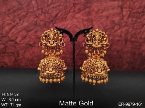 Golden Clustered Pearl Matte Gold Polish Fancy Design Kemp Temple Jhumka Earring