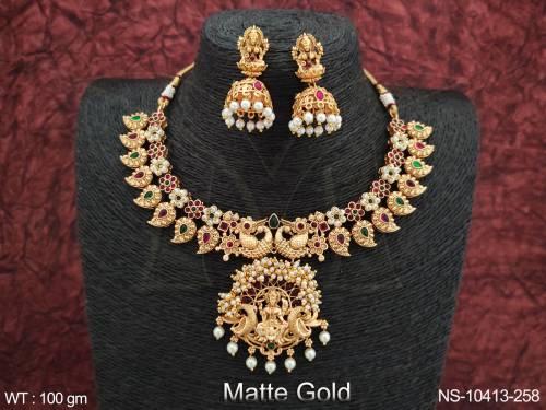 matte-gold-polish-peacock-design-laxmi-figure-wedding-wear-fancy-temple-kemp-necklace-set-
