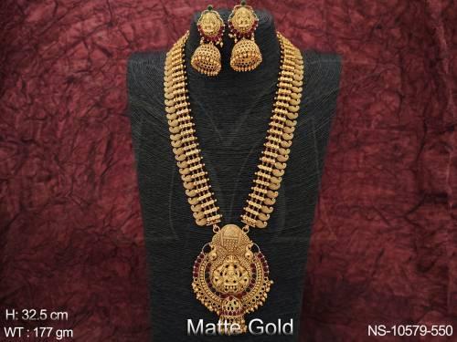 beautiful-matte-gold-polish-designer-fancy-style-party-wear-long-temple-jewellery-necklace-set