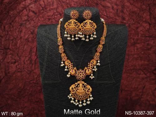 Matte Gold Polish Peacock With Flower Design Indian Wedding Design God Laxmi Figure Beautiful Short Temple Necklace Set 