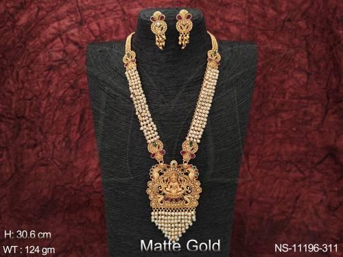 gold-laxmi-design-pendant-matte-gold-polish-long-temple-necklace-set-