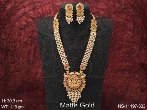 designer-fancy-style-matte-gold-polish-clustered-pearl-temple-pendant-long-temple-jewellery-necklace-set-