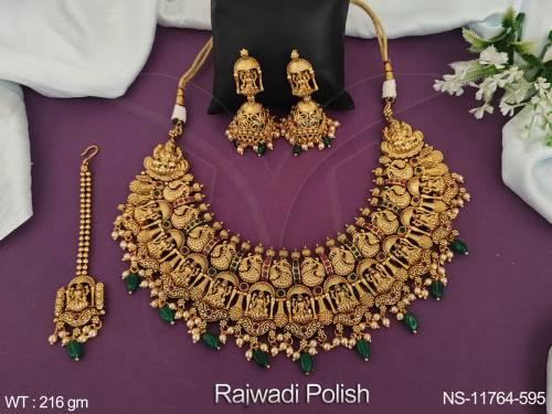 clustered-pearl-rajwadi-polish-god-laxmi-design-temple-jewellery-heavy-choker-style-temple-necklace-set-