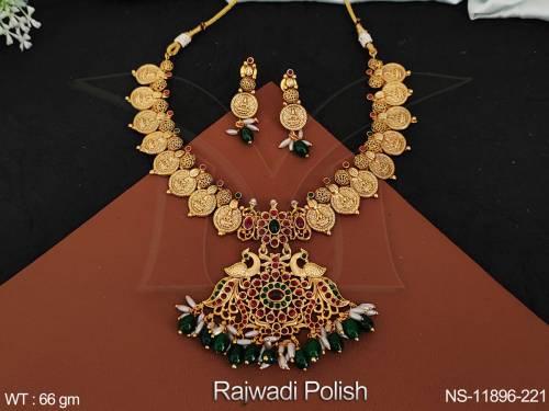 designer-fancy-style-rajwadi-polish-laxmi-coin-design-clustered-pearl-temple-jewellery-short-necklace-set-