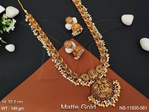 Temple Jewellery Matte Gold Polish Party Wear Long Necklace Set