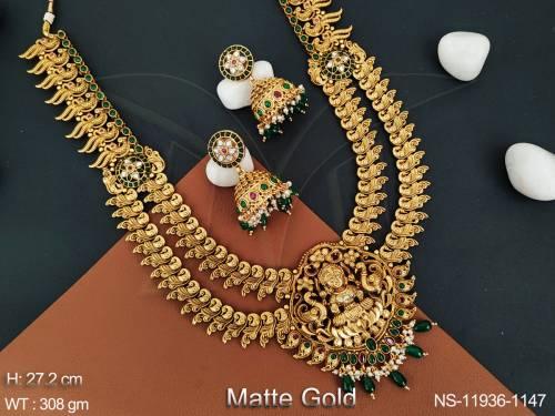 Temple Jewellery Matte Gold Polish Party Wear Long Necklace Set