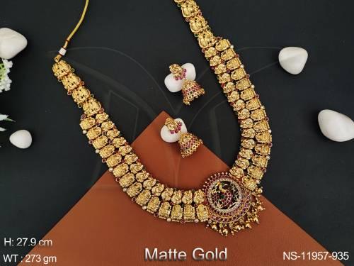 temple-jewellery-beautiful-matte-gold-polish-party-wear-long-necklace-set-