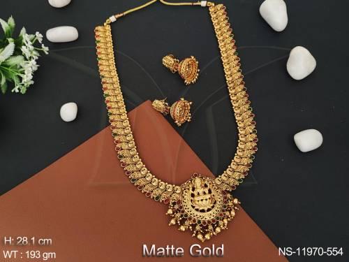 designer-fancy-style-matte-gold-polish-laxmi-pendant-designer-long-temple-jewellery-necklace-set-