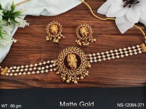 Temple Jewelry Matte Gold Polish One Side God Krishna & One Side God Laxmi Figure Temple Necklace Set