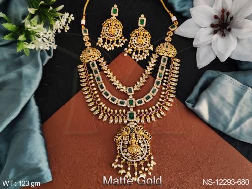 Matte Gold Polsih Fancy Desing Party wear Long Temple Jewellery Necklace Set