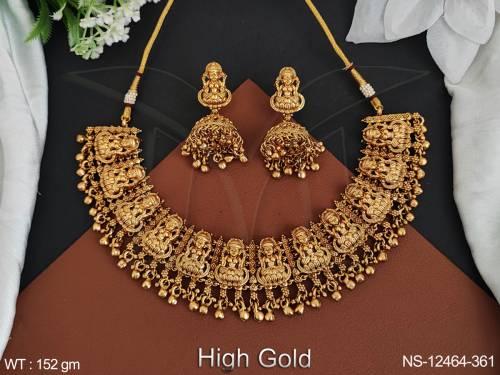 Designer High Gold Polish Fancy Style Heavy Laxmi Design Temple Jewellery Temple Necklace Set 