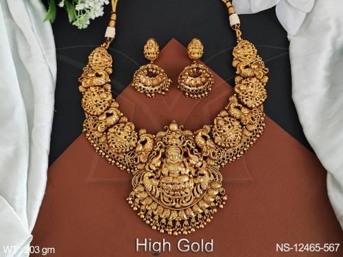 God Laxmi Design High Gold Polish Polish Designer Temple Jewellery Heavy Temple Necklace Set