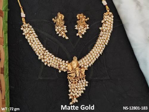 Matte Gold Polish Krishana Design Beautiful Party wear Temple Jewellery Temple Necklace Set