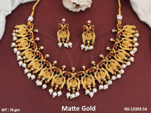 Matte Gold Polish South Look Indian traditional look Temple Short Necklace Set 