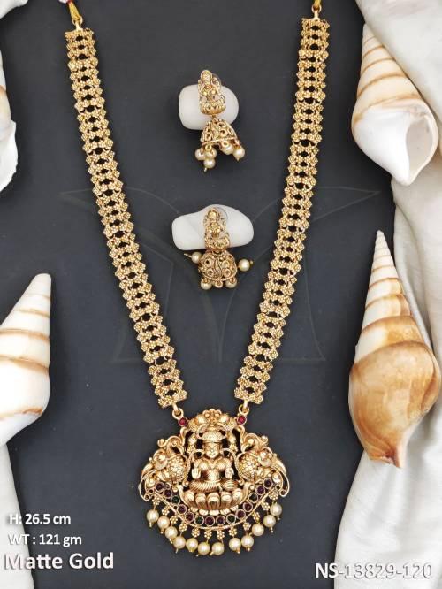 Golden Clustered Pearl Temple Pendant Matte Gold Polish Long Temple Jewellery emple Necklace Set 