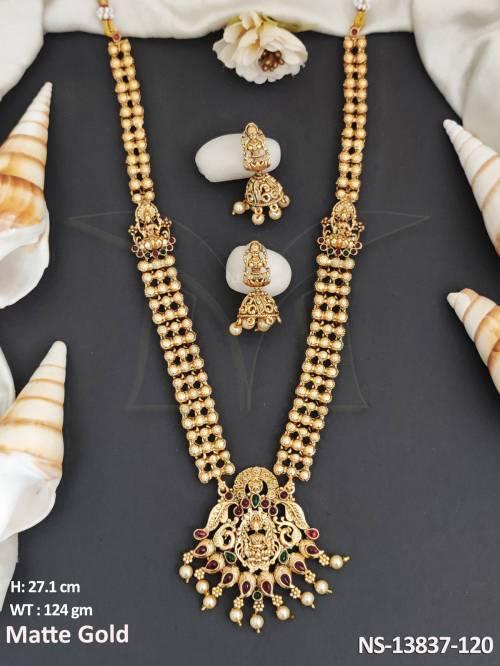 matte-gold-polish-fancy-design-party-wear-laxmi-pendant-long-temple-jewellery-temple-necklace-set-